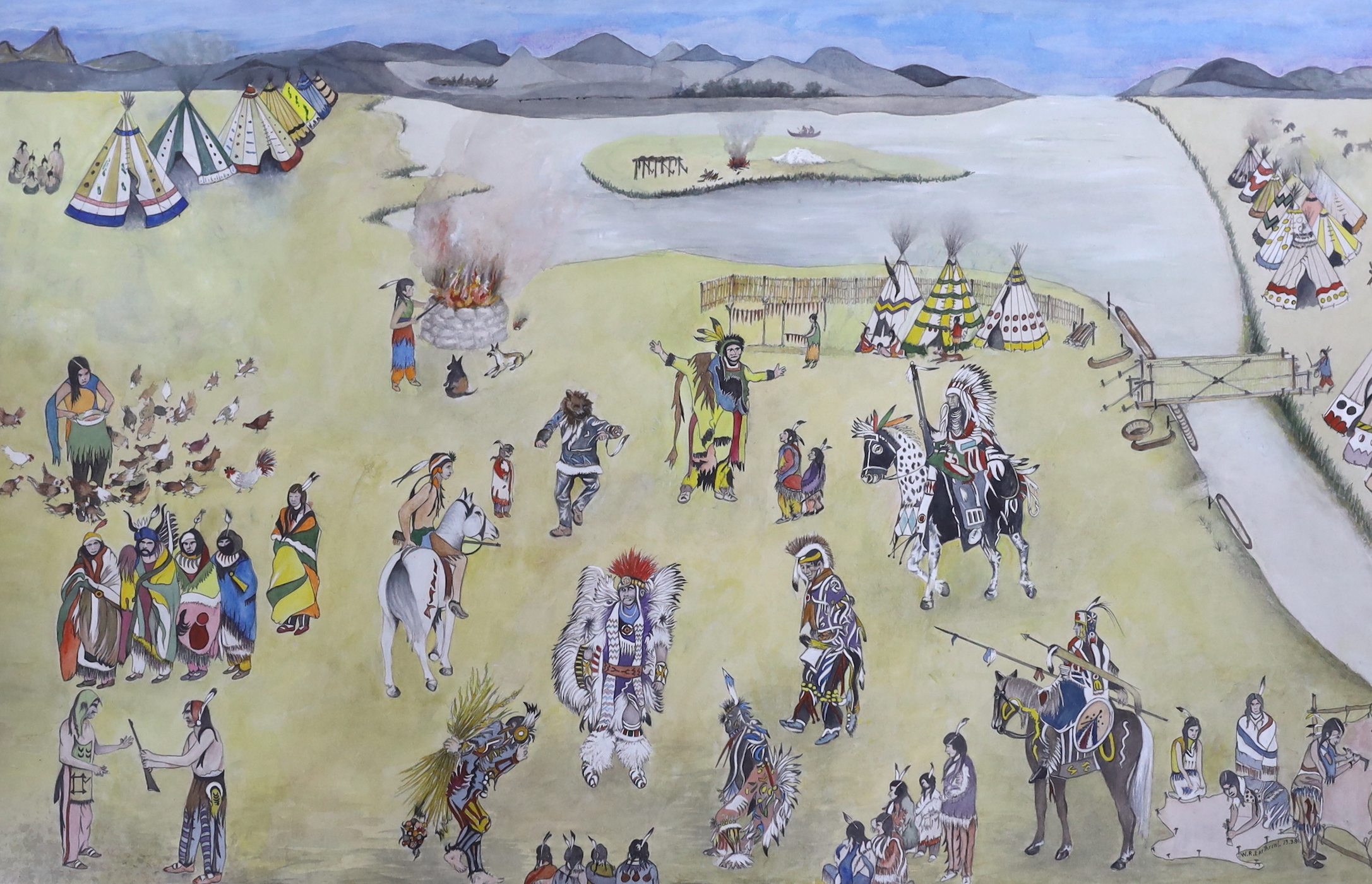 W.R. Earthrowl (Modern British), two watercolour and acrylics, Native American encampments, both signed and dated, largest 49 x 75cm